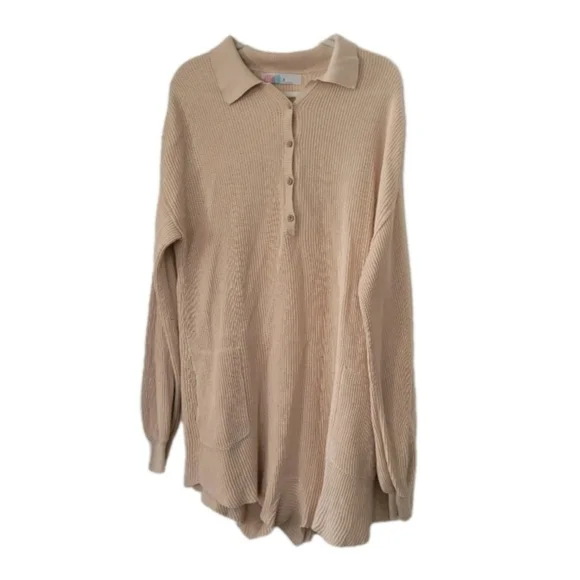 Free People FP Beach Picnic Sweater Romper Womens M Beige Linen Cotton Oversized - Picture 2 of 9